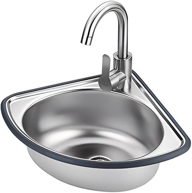 Stainless Steel Single Bowl Sink, Wall Mount Bathroom Corner Sink, Triangle Wash Basin, Small Sink with Faucet Combo, for Laundry Room Bar Kitchen (Color : Silver-C, Size : 34x34x15cm) (Silver e 3