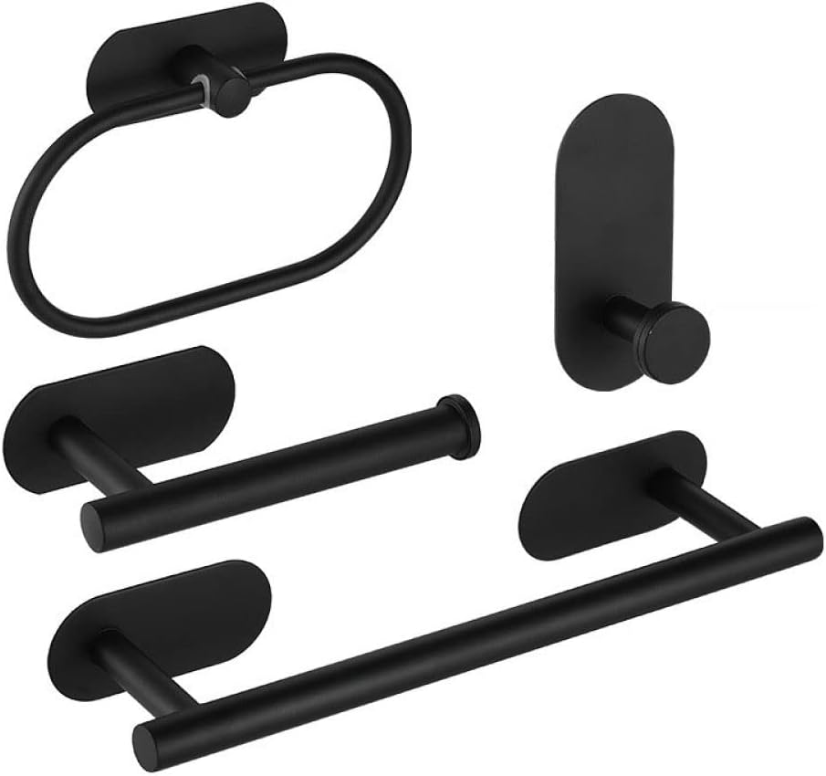 No Drilling Black Bathroom Accessories Sets Toilet Tissue Roll Paper Holder Towel Rack Bar Rail Ring Robe Clothes Hook Hardware,Black 4PCS Sets