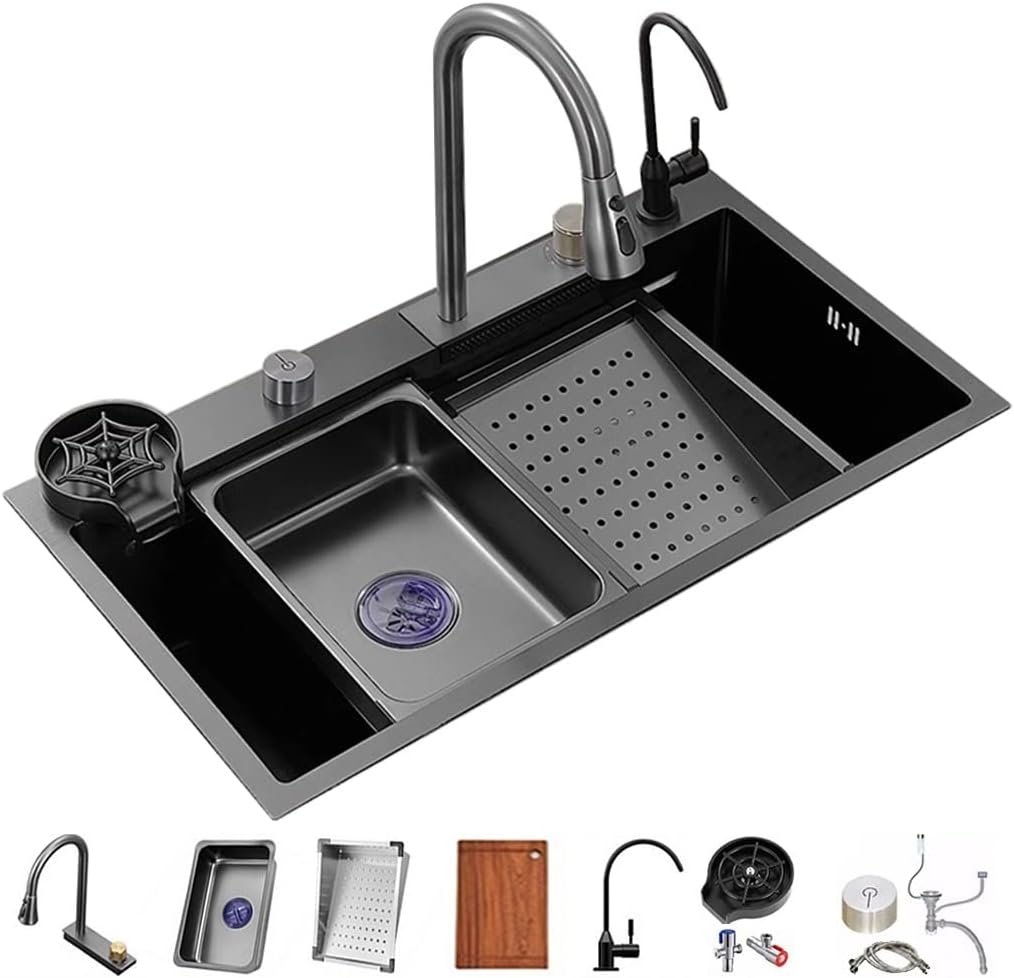 Waterfall Kitchen Sink Versatile Stainless Steel Single-Bowl Kitchen Workstation Sink Waterfall Pull-Down Faucet and Cplete Accessory Set Dual-Mount (Color : Black, Size : 68x45x22cm)