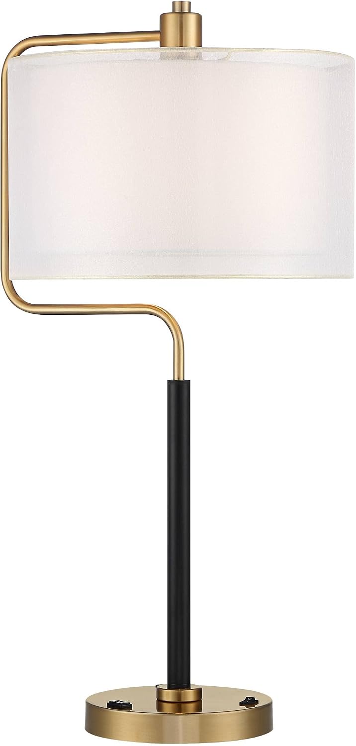 Possini Euro Design Carlyle 30.5' Tall Desk Lamp with USB Charging Ports and Outlet Mid Century Modern Warm Gold Double Drum Shades - Living Room Bedroom House Bedside Nightstand Home Office Family