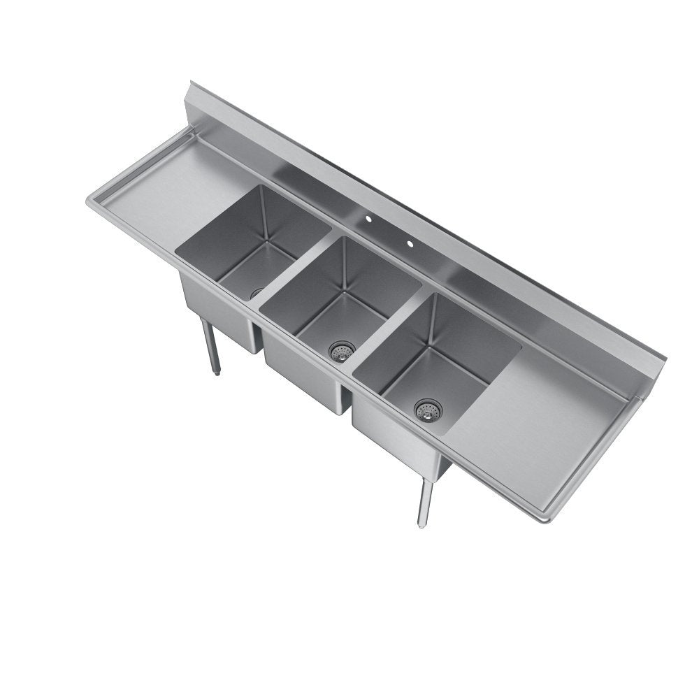 Elkay Foodservice 3 Compartment Sink, 94'X29.75' OA, 36' Working Height, 18X24 Bowl, 14 Deep, 9.75' Backsplash, Left & Right 18' Drainboards, 8' On Center Faucet Hole, Galvinized Legs, Adjustable Feet, 16 Gauge 300 Series Stainless Steel, NSF Certified
