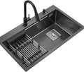 Single Bowl Stainless Steel Overmount Sink Large Size Single Bowl Sink Kitchen Multifunctional Vegetable Sink Embedded Siphon Sink (75 * 46 * 22Cm
