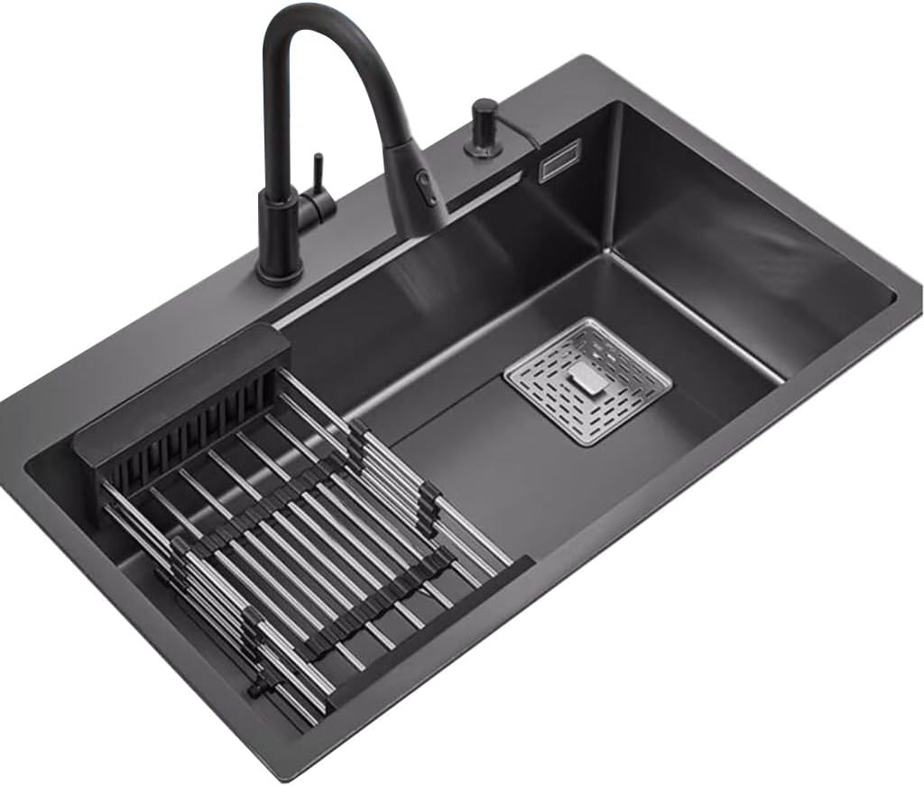 Single Bowl Stainless Steel Overmount Sink Large Size Single Bowl Sink Kitchen Multifunctional Vegetable Sink Embedded Siphon Sink (75 * 46 * 22Cm