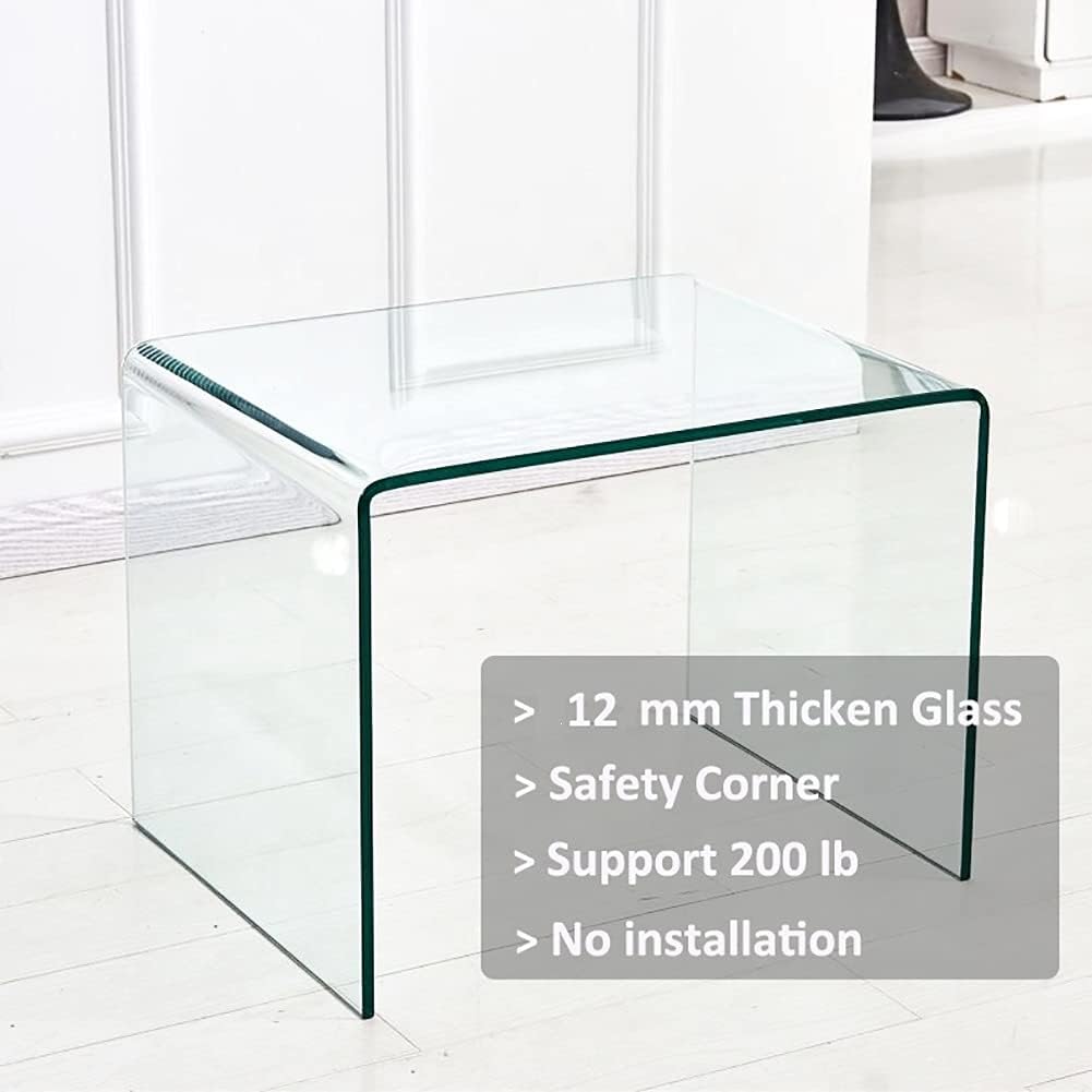 Clear Glass Nightstand, Tempered Glass End Tables, Modern Side Table for Living Room, Small Bent Table, Easy to Clean and Safe Rounded Edges 19.7'x19.7'x18.9'H
