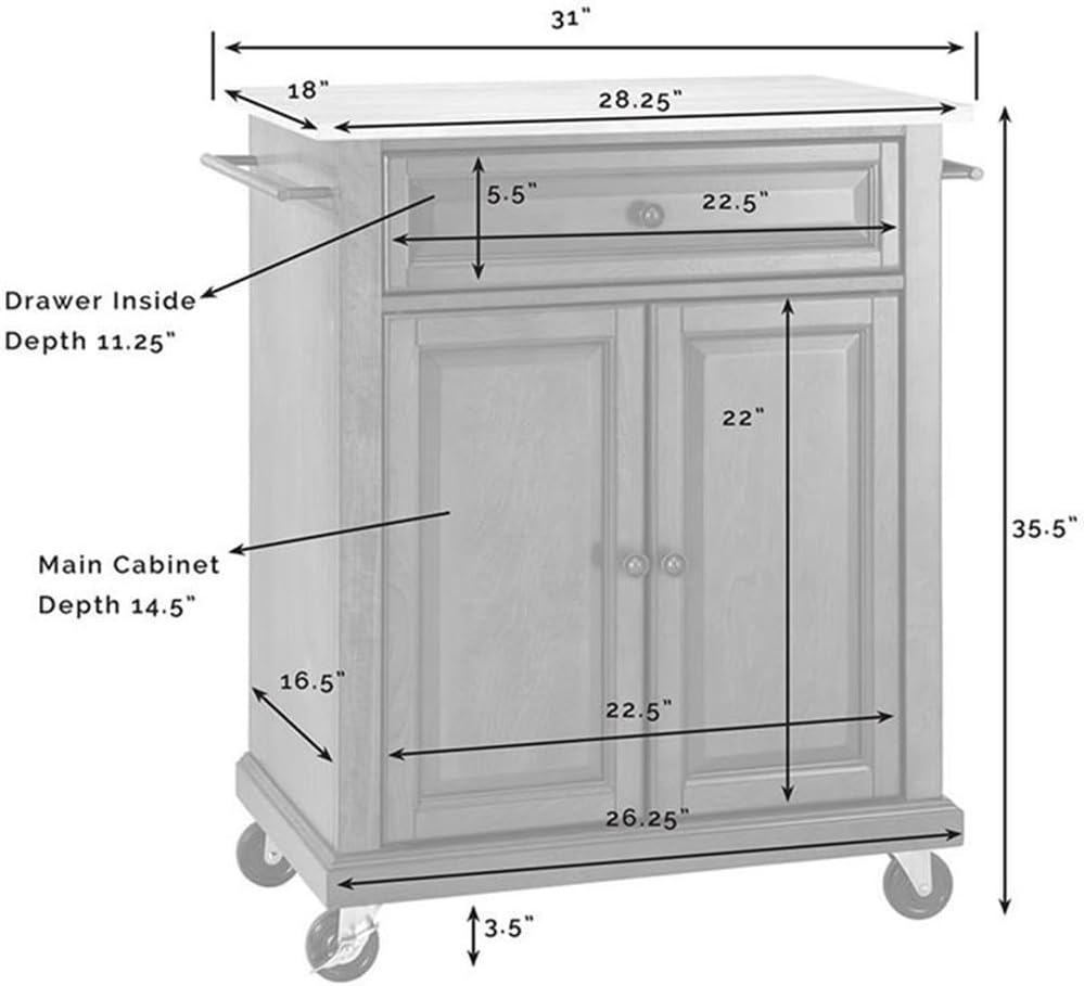 Pemberly Row Traditional Wood Kitchen Cart, 1-Drawer, 2-Door, White and Natural Finish, 35.5' H x 28.25' W x 18' D, Adjustable Shelf, Storage Drawer, Towel Bars, Brushed Nickel Hardware