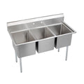 Elkay Foodservice 3 Compartment Sink, 63'X29.75' OA, 36' Working Height, 18X24 Bowl, 12 Deep, 10.75' Backsplash, No Drainboards, 8' Faucet Hole, Galvinized Legs, Adjustable Feet, 16 Gauge Stainless