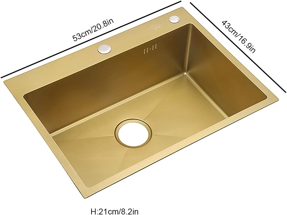 Generic Kitchen Single Bowl Sink Golden Bar Counter Square Sink 304 Stainless Steel Bathro Sink with Drain Pipe Drop-in Or Undermount (Color : Gold, Size : 53×43×21cm)