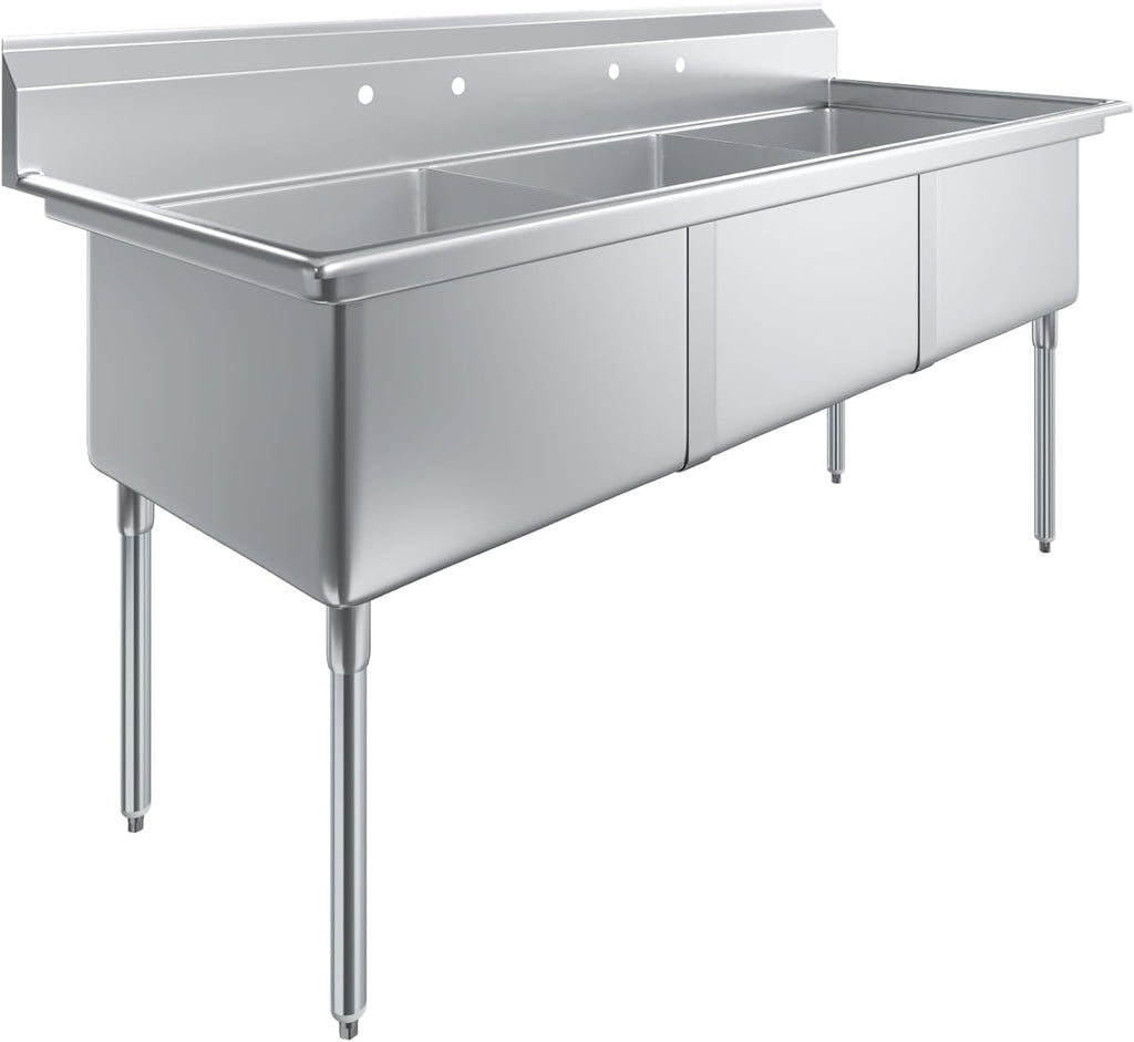 Three Compartment Stainless Steel Commercial Kitchen Prep & Utility Sink | Bowl Size 24' x 24' X 14' | NSF Certified (Size 78' x 30' x 43')