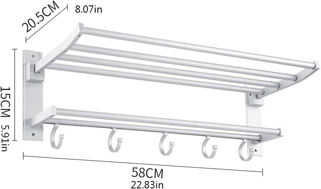 Bathroom Shelf Wall Floating Bathroom Bathroom Towel Rack 22.8 inches Foldable Wall Mounted Double Towel Holder Shelf with Foldable Towel Bar Holder and Hooks Floating Shelves Corner Shower Caddy