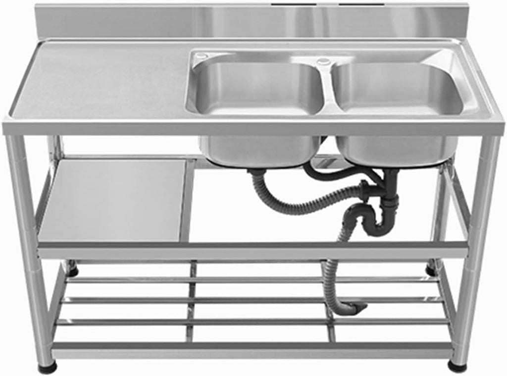 Double Bowl Sinks,Kitchen Utility Sinks with Faucets, Free-Standing Stainless Steel Vegetable Basin Double Sink,Portable Drop Sink for Farmhouse Laundry Roo(Without Faucet-Right