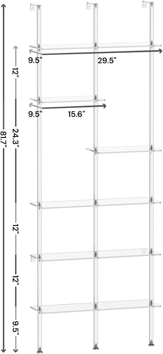 Narrow Acrylic Bookshelf, Wall Mounted, 6-Tier Clear Ladder Bookshelf with Open Shelves, Multipurpose Bookcase for Living Room, Bathroom, Office, Modern, 9.5' D x 29.5' W x 81.7' H