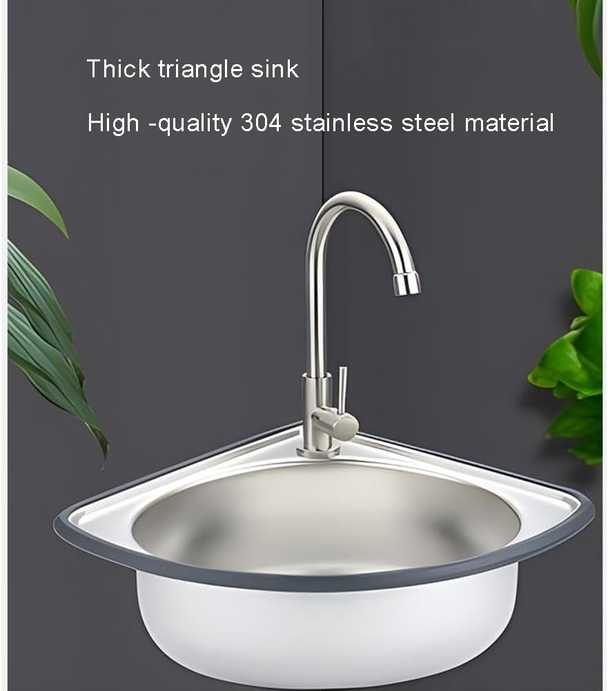 Stainless Steel Single Bowl Sink, Wall Mount Bathroom Corner Sink, Triangle Wash Basin, Small Sink with Faucet Combo, for Laundry Room Bar Kitchen (Color : Silver-C, Size : 34x34x15cm) (Silver b 3