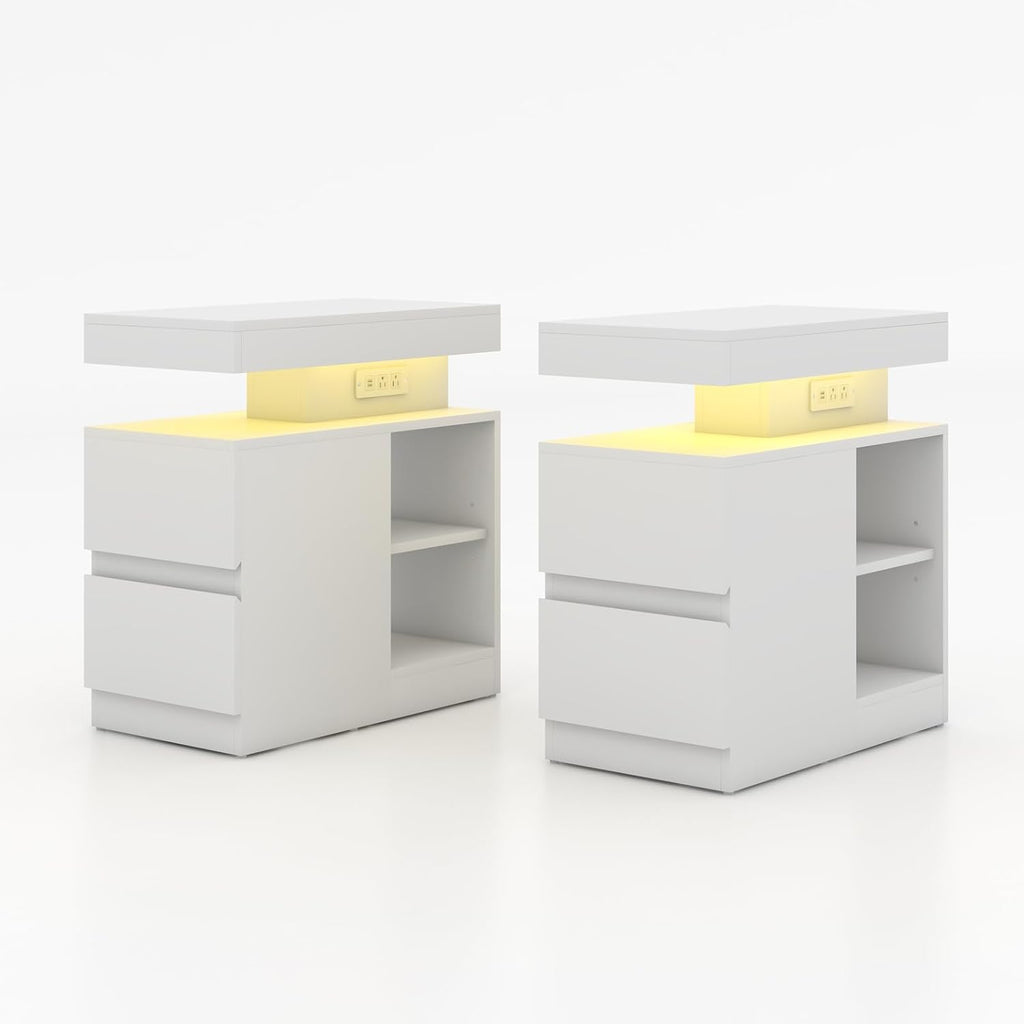 OC Orange-Casual LED End Table with Power Outlet, High Glossy Sofa Side Table, Small Nightstand with Drawer and Storage Cabinet, Narrow Side Table with Charging Station for Living Room (2, White)