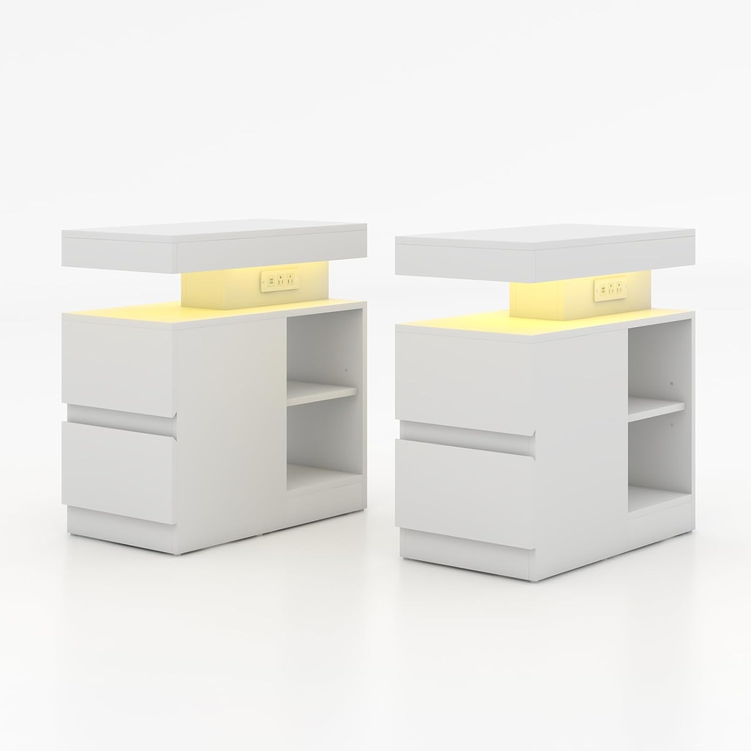 OC Orange-Casual LED End Table with Power Outlet, High Glossy Sofa Side Table, Small Nightstand with Drawer and Storage Cabinet, Narrow Side Table with Charging Station for Living Room (2, White)