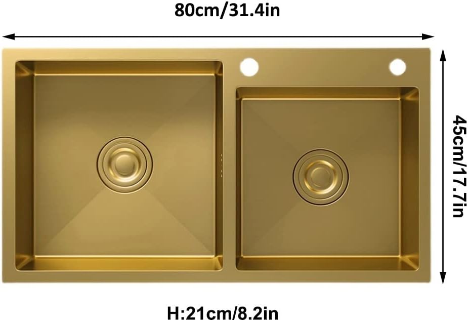 Large Gold Double Bowl Bar Prep Sink Home 304 Stainless Steel Kitchen Sink RV Sink Drop-in Or Undermount (Color : Gold-1, Size : 80x45x22cm) (Gold3 80x45x22cm)