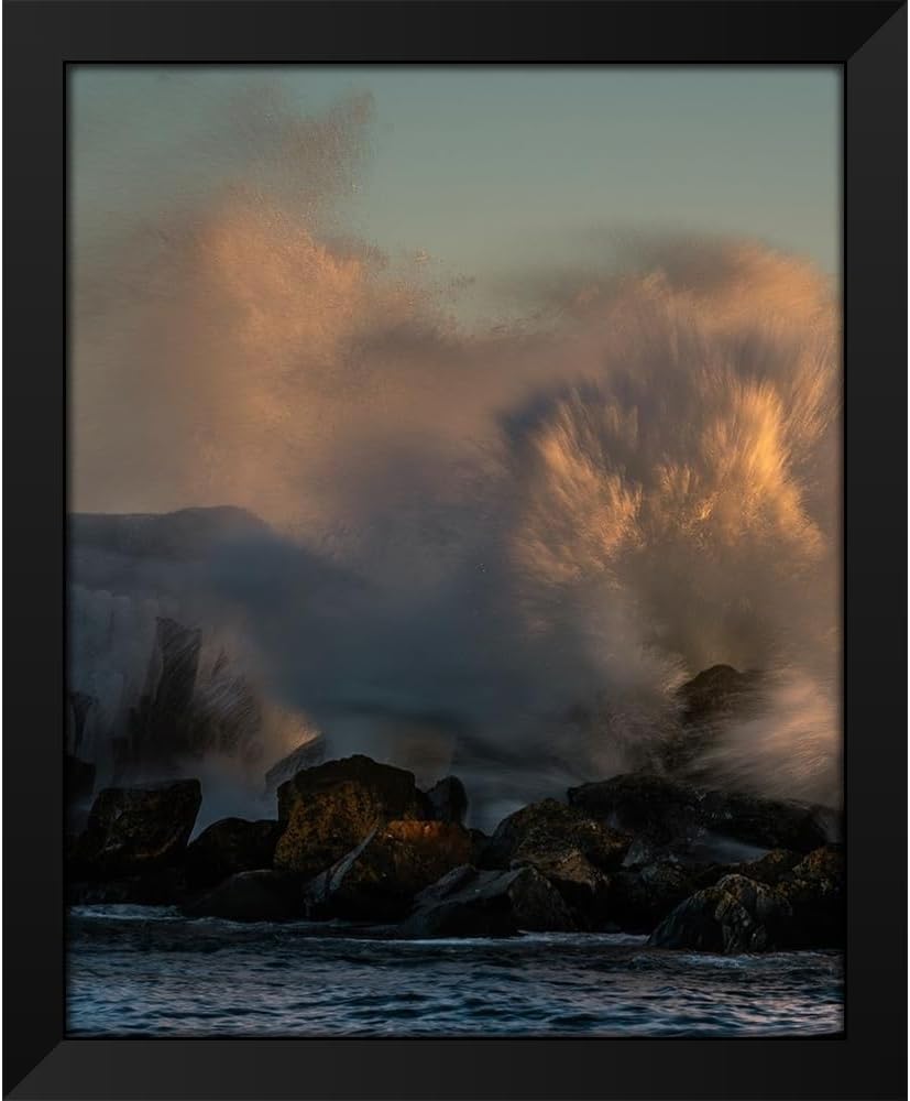 ArtDirect Minnesota-Lake Superior Lake waves breaking on rocks at sunset 28x34 Extra Large Black Modern Wood Framed Art Print by Jaynes Gallery
