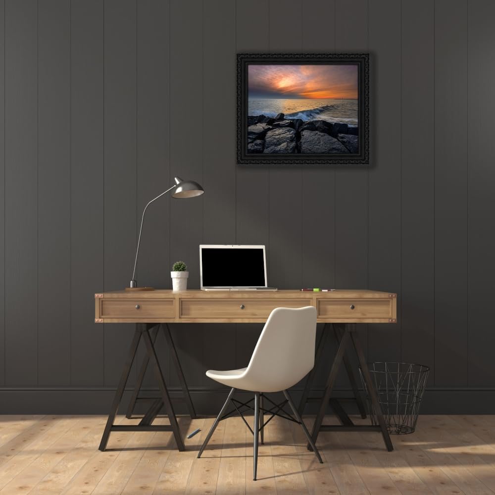 ArtDirect New Jersey-Cape May National Seashore Sunset on ocean and rocks 24x20 Black Ornate Wood Framed Canvas Giclee Art by Jaynes Gallery