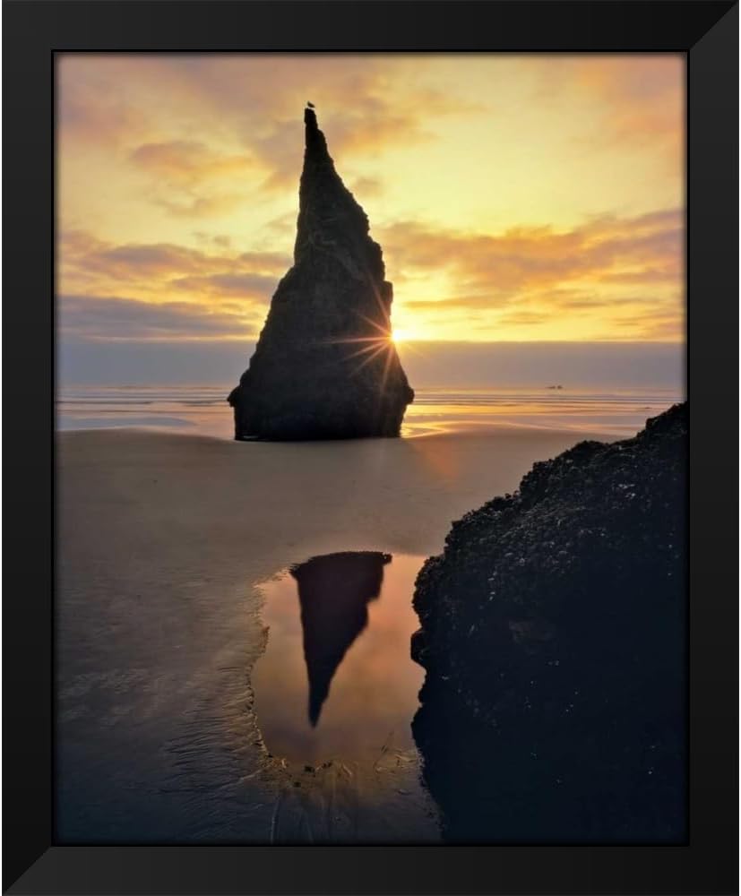 ArtDirect Oregon Rock formation at sunset on Bandon Beach 36x45 Huge Black Modern Wood Framed Canvas Giclee Art by Terrill, Steve