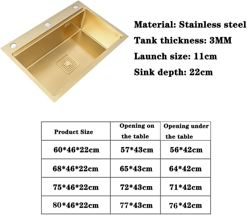 Kitchen Sinks, Single Bowl Multifunctional Stainless Steel Sink Kitchen Dish Washibasin Large Capacity Single Bowl Sink Beautiful Sink (75 * 46 * 22Cm