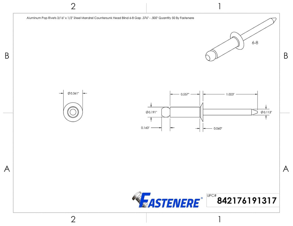 DIY Man - Aluminum Pop Rivets 3/16' x 1/2' Steel Mandrel Flat Countersunk Head Quantity 500 D&J