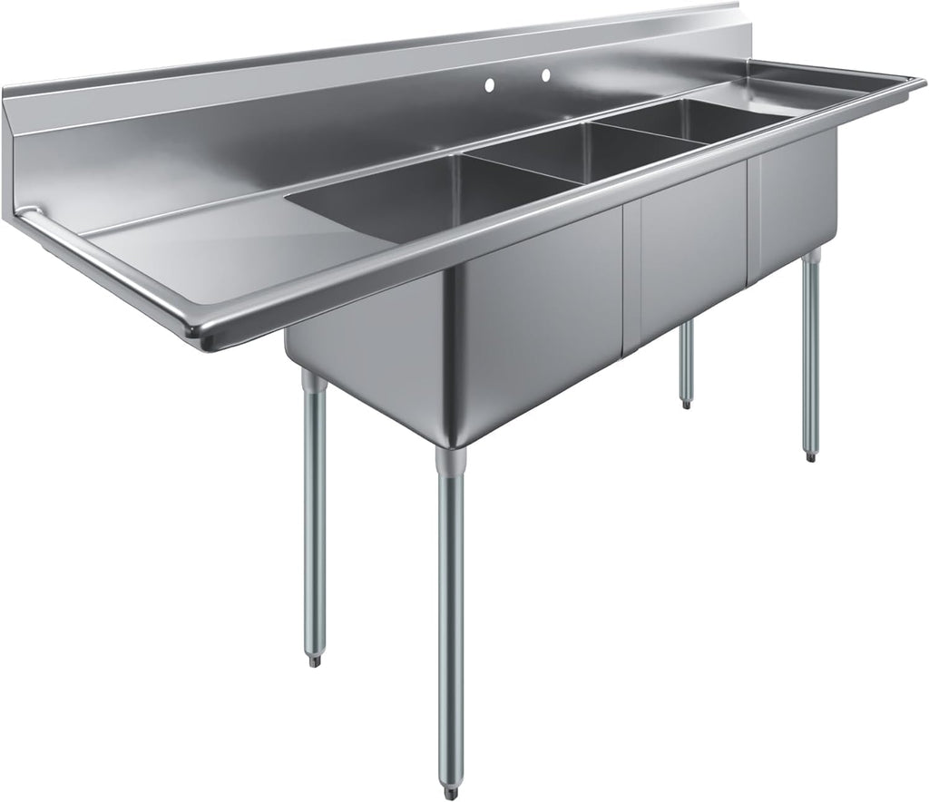 Three Compartment Stainless Steel Commercial Kitchen Prep & Utility Sink | Bowl Size 18' x 18' X 12' | NSF Certified (Left and Right Drainboards)