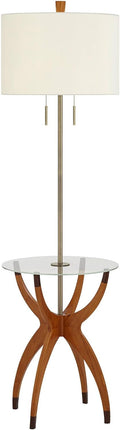 Possini Euro Design Vanguard Mid Century Modern 64' Tall Standing Floor Lamp Tray Table Pull Chain Brown Gold Wood Metal Brass Finish Living Room Bedroom House Reading Office Home Decor Entryway