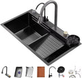 Single-Bowl Sink With Waterfall Pull-Down Faucet And Complete Accessory Set Versatile Stainless Steel Kitchen Workstation Sink (Color : Black, Size : 68x45x22cm) (Black 68x45x22cm)