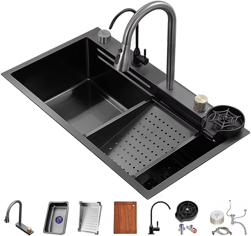 Single-Bowl Sink with Waterfall Pull-Down Faucet and Complete Accessory Set Versatile Stainless Steel Kitchen Workstation Sink (Color : Black, Size : 68x45x22cm) (Black 68x45x22cm)