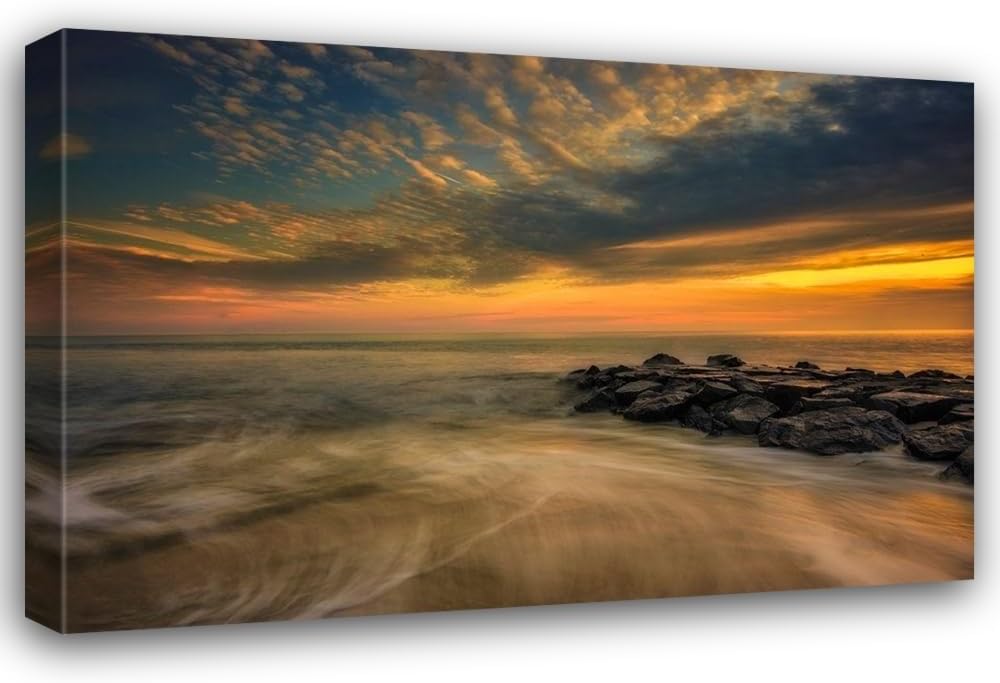 ArtDirect Jaynes Gallery 40x28 Gallery Wrapped Canvas Museum Art Titled: New Jersey-Cape May National Seashore Sunset on ocean and rocks