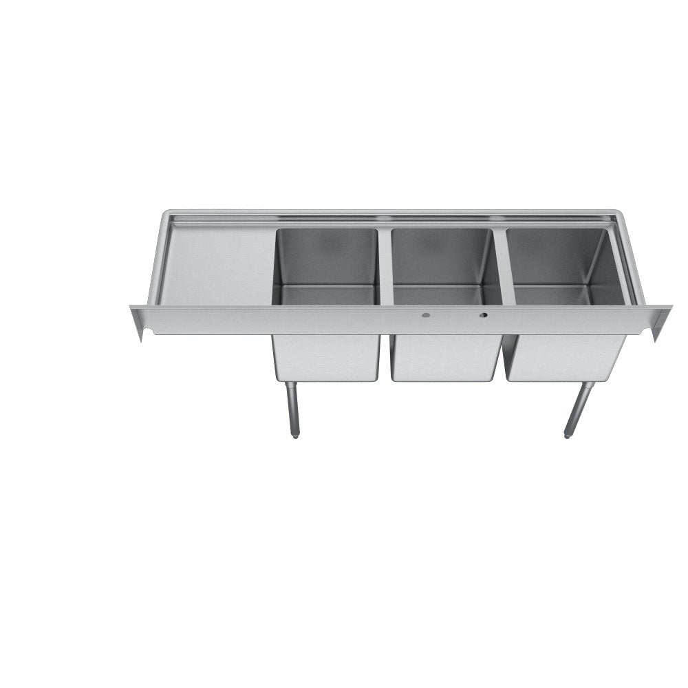 Elkay Foodservice 3 Compartment Sink, 78.5'X23.75' OA, 36' Working Height, 18X18 Bowl, 12 Deep, 10.75' Backsplash, Right 18' Drainboards, 8' On Center Faucet Hole, Galvinized Legs, Adjustable Feet, 16 Gauge 300 Series Stainless Steel, NSF Certified