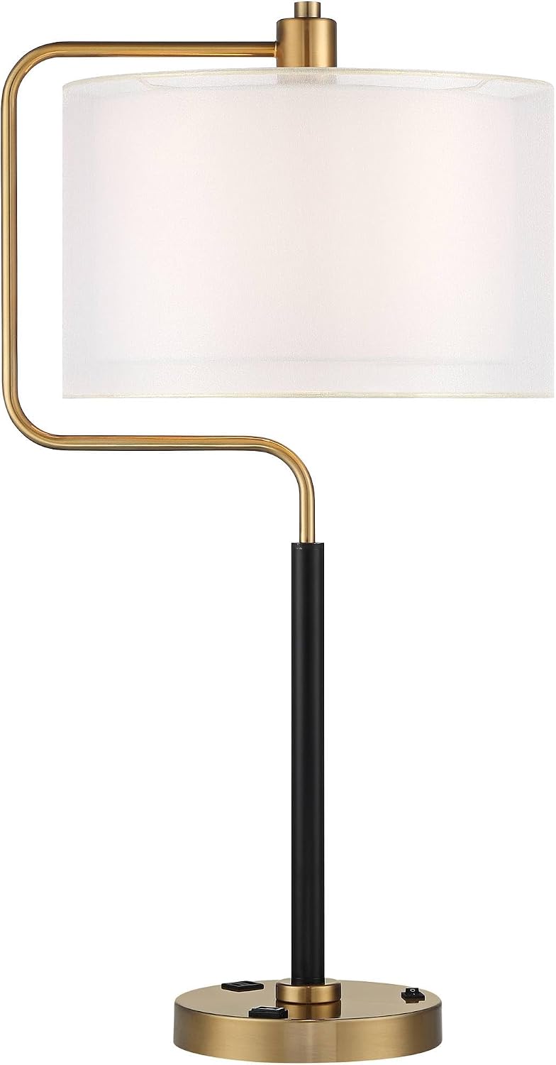 Possini Euro Design Carlyle 30.5' Tall Desk Lamp with USB Charging Ports and Outlet Mid Century Modern Warm Gold Double Drum Shades - Living Room Bedroom House Bedside Nightstand Home Office Family