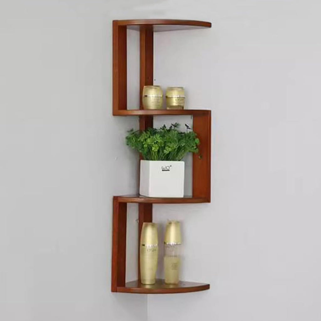 Wall Shelf Floating Corner Shelves for Wall Decor Storage, Solid Wood Wall Storage Shelves Rack 3 Tiers, Wall Mounted Wood Shelves for Home Decor, Bedroom, Living Room, B(Light Brown-Small)