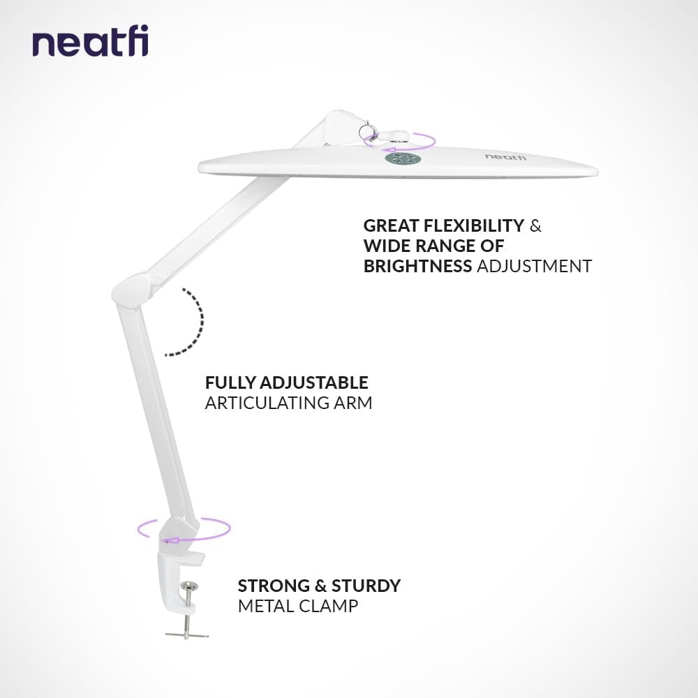 Neatfi XL LED Desk Lamp | 20-Inch Wide Head (White-2, CCT with Clamp)
