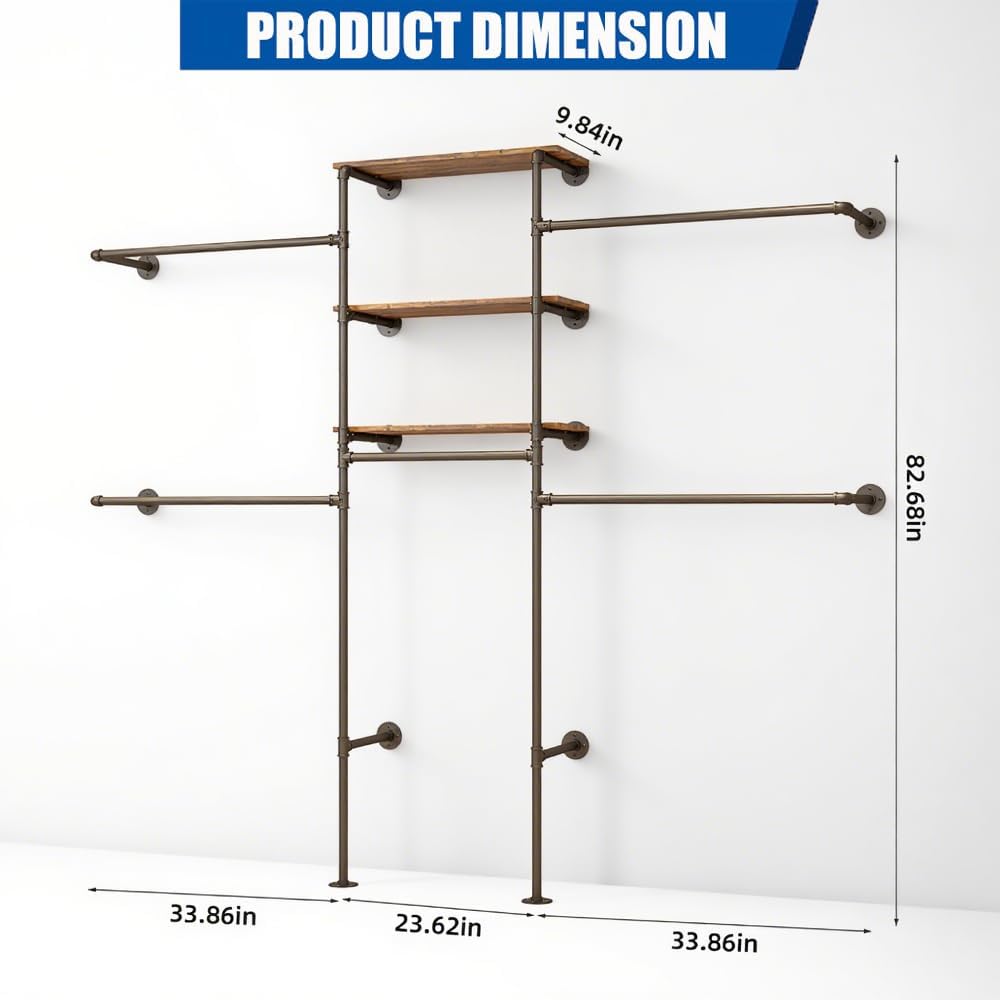 KaKaBB Industrial Pipe Clothing Rack - Heavy Duty Wall Mounted Clothes Rack, Corner Closet System, DIY Wardrobe Organizer with Shelves, Walk in Closet Storage (BLACK, 94.5')