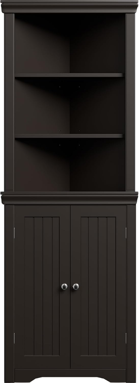 Furmax 62' Corner Cabinet, Bathroom Storage Cabinet with 6 Adjustable Shelves & 2 Doors, Freestanding Corner Shelf for Living Room, Bathroom, Kitchen (Brown)