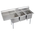 Elkay Foodservice 3 Compartment Sink, 58.5'X29.75' OA, 36' Working Height, 18X24 Bowl, 14 Deep, 9.75' Backsplash, Left 18' Drainboards, 8' On Center Faucet Hole, Galvinized Legs, Adjustable Feet, 16 Gauge 300 Series Stainless Steel, NSF Certified