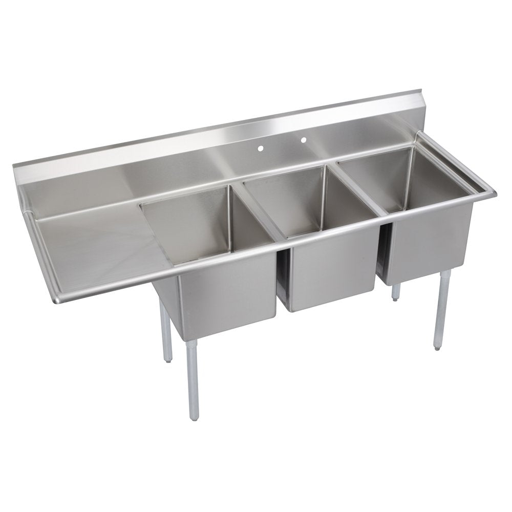 Elkay Foodservice 3 Compartment Sink, 58.5'X29.75' OA, 36' Working Height, 18X24 Bowl, 14 Deep, 9.75' Backsplash, Left 18' Drainboards, 8' On Center Faucet Hole, Galvinized Legs, Adjustable Feet, 16 Gauge 300 Series Stainless Steel, NSF Certified
