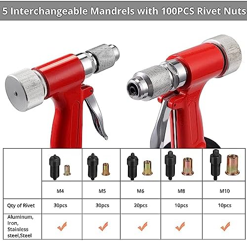 Hydraulic Pneumatic Rivet Gun Air Riveter Blinding Riveting Nuts Tool with 5PCS Metric Mandrels M4 M5 M6 M8 M10, Pop Rivet Nut Gun Riveting Machine