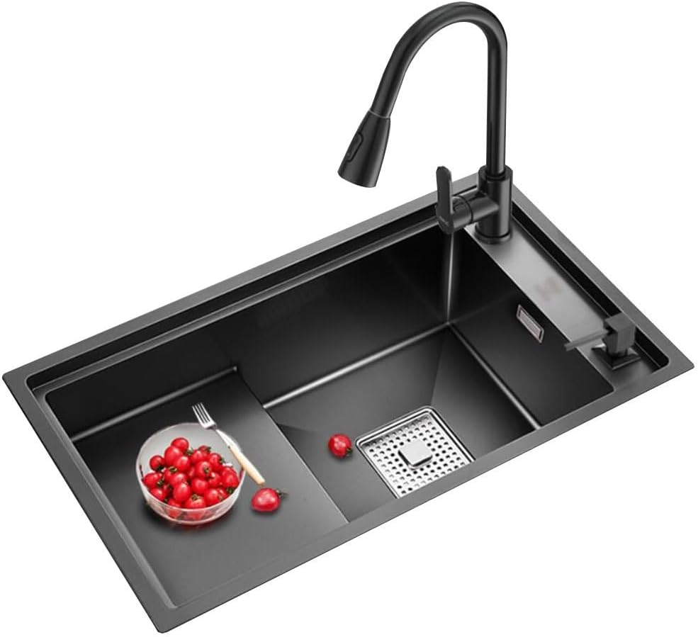 Kitchen Sinks, Single Bowl High and Low Stepped Single Bowl Sink Kitchen Stainless Steel Sink Home Countertop Basin Balcony Pool (