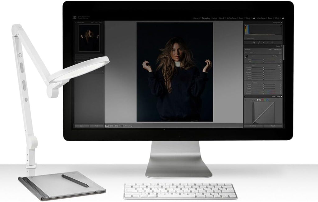LUME CUBE Edge 2.0 LED Desk Lamp | Dimmable Home Office Desk Light with USB Charging Port & Strong Swing Arm | Adjustable Color Temperature and Brightness | Circle Webcam Light - White