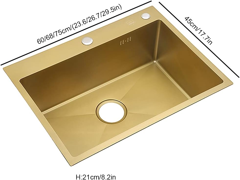 Generic Single Bowl Bar Sink Kitchen Single Bowl Sink with Drain Pipe Drop-in Or Undermount Suitable for Kitchen Courtyard Office Bar Laundry Sink (Color : Gold, Size : 60×45×21cm)