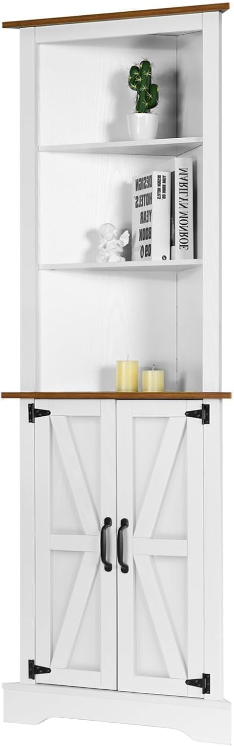 4 EVER WINNER Farmhosue Corner Cabinet, 68' Tall Corner Storage Cabinet with 5-Tier Adjustable Shelves and Barn Doors for Small Space, Living Room, Dining Room, Hallway, Bathroom, Kitchen, White