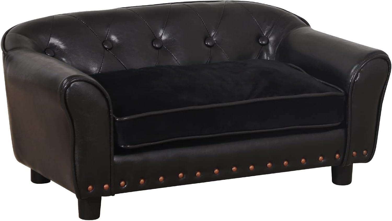 Dog Couch,Puppy Bed,Cat Sofa,Cat Couch,Pet Sofa,Dog Chair,Small Pet Bed with Copper Nail and Wooden Frame, Leather Fabric and Cushion,for Small Animals Using (Black)