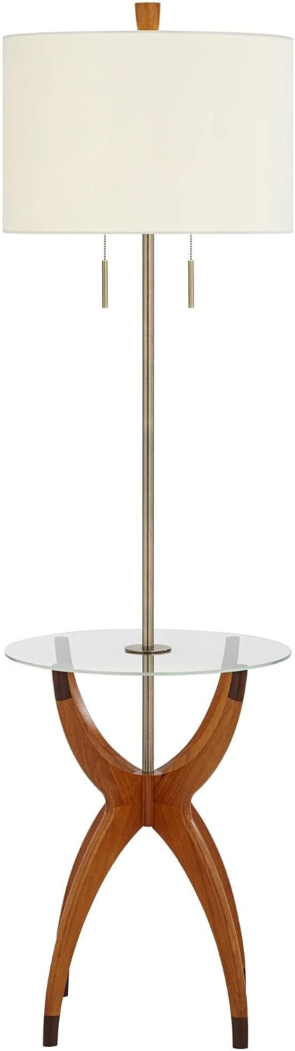 Possini Euro Design Vanguard Mid Century Modern 64' Tall Standing Floor Lamp Tray Table Pull Chain Brown Gold Wood Metal Brass Finish Living Room Bedroom House Reading Office Home Decor Entryway