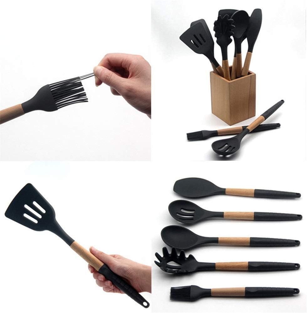 Kitchen Utensils Set,Silicone Wood Soup Spoon Spatula Brush Scraper Black Kitchen Cooking Tools Kitchenware Kitchen Utensil Storage Box (Color : 6PCS) (Color : 9pcs)
