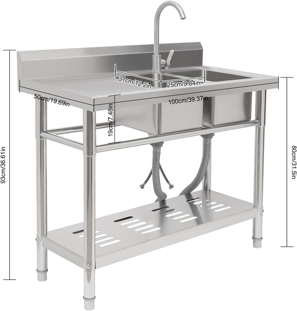 Stainless Steel Sink 2 Compartment Commercial Utility Sink Free Standing Kitchen Sinks with Cold and Hot Water Faucets for Kitchens, Garage, Laundry Room (39.4'W x 19.7'D x 36.6'H)