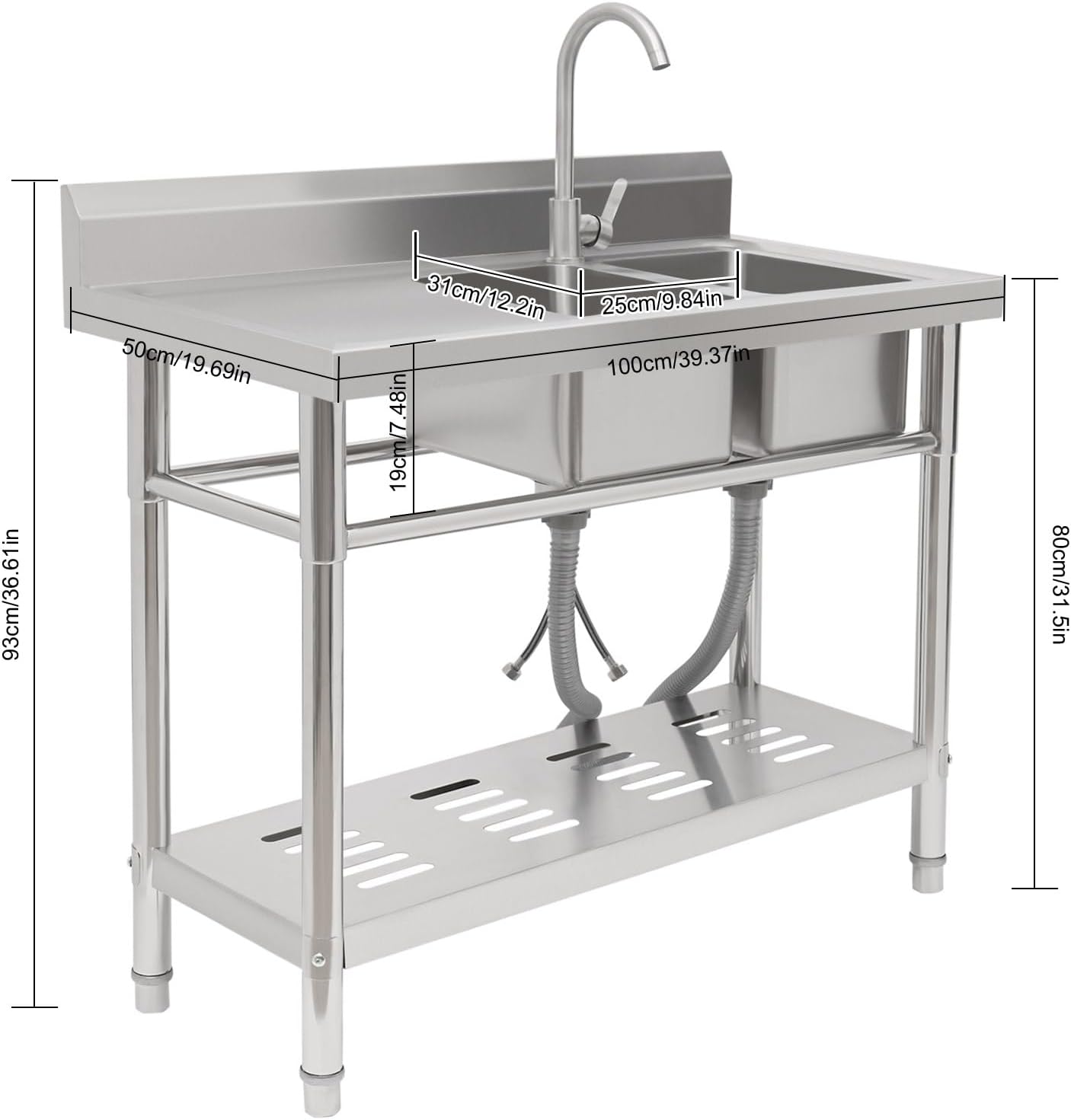Stainless Steel Sink 2 Compartment Commercial Utility Sink Free Standing Kitchen Sinks with Cold and Hot Water Faucets for Kitchens, Garage, Laundry Room (39.4'W x 19.7'D x 36.6'H)