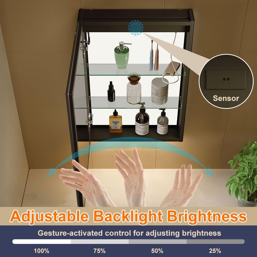 KWW LED Lighted Bathroom Medicine Cabinet with Backlit Panel, Sockets & USBs. Anti-Fog, Dimmable, 3 Color Light Makeup Mirror, Easy to Install, Wall Mounted (Inner Glow-Left hinge-20 * 28)