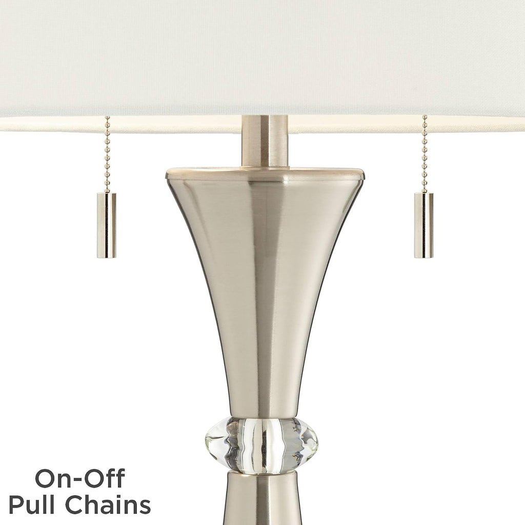 360 Lighting Rachel 28' Tall Concave Column Modern Table Lamps Set of 2 with Smart Sockets Pull Chain Silver Metal Living Room Bedroom Bedside Nightstand House Office Home Reading White Shade