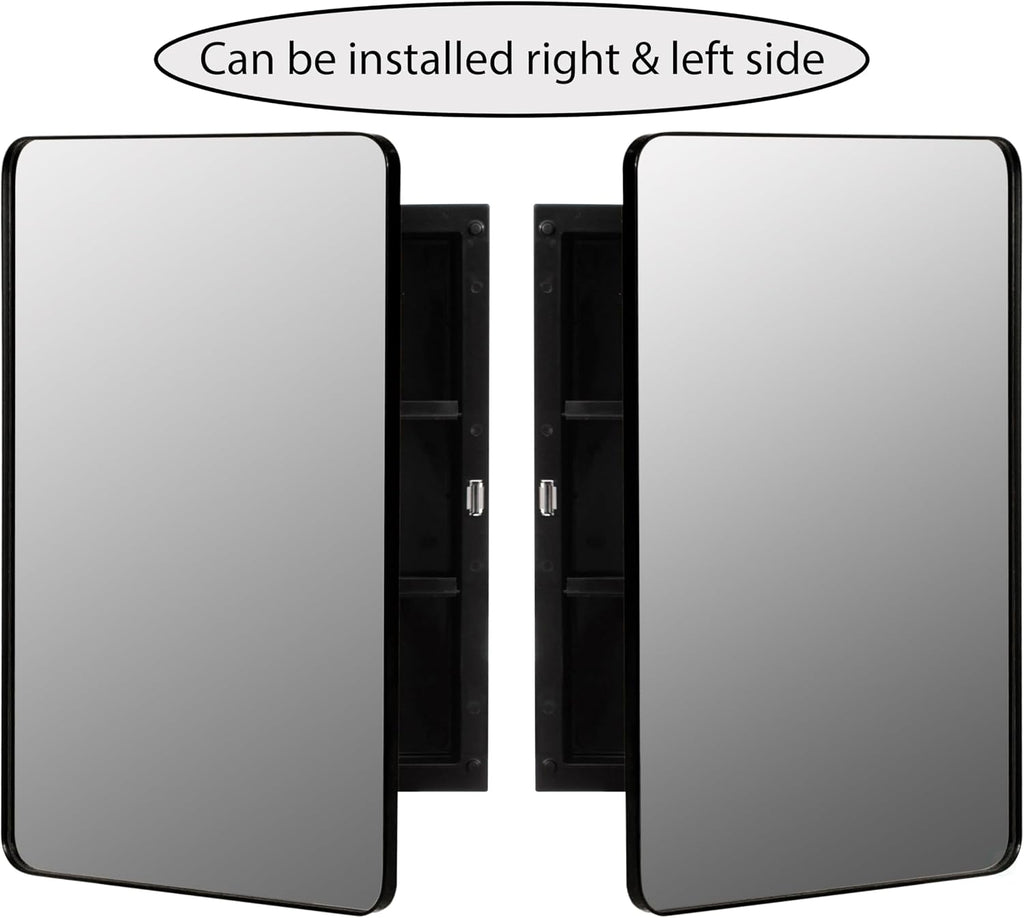 Basicwise Plastic Medicine Cabinet with Beveled Edge Mirror Door and Round Corner Metal Frame, Surface or Recessed Mount Options, Bathroom Wall Mounted Vanity Cabinet with 2 Adjustable Shelves, Black